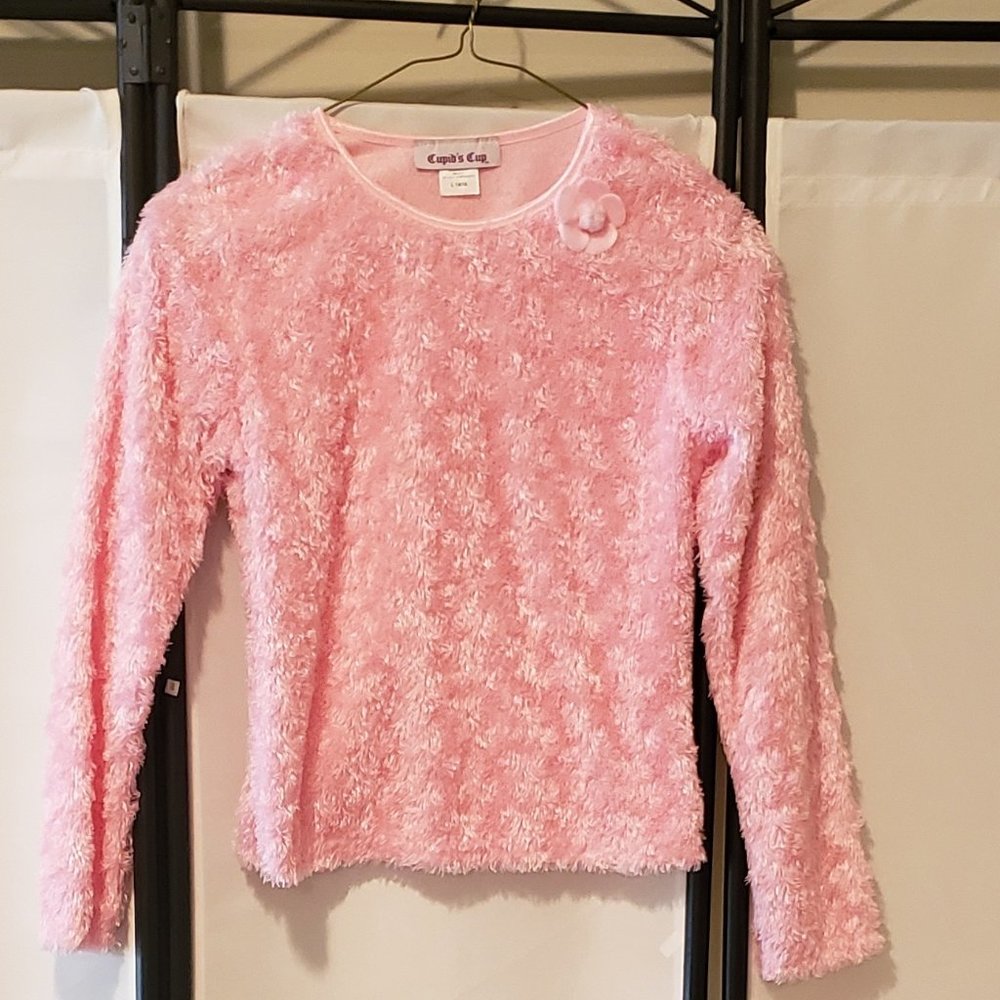 Pink faux fur long sleeve round neck top.